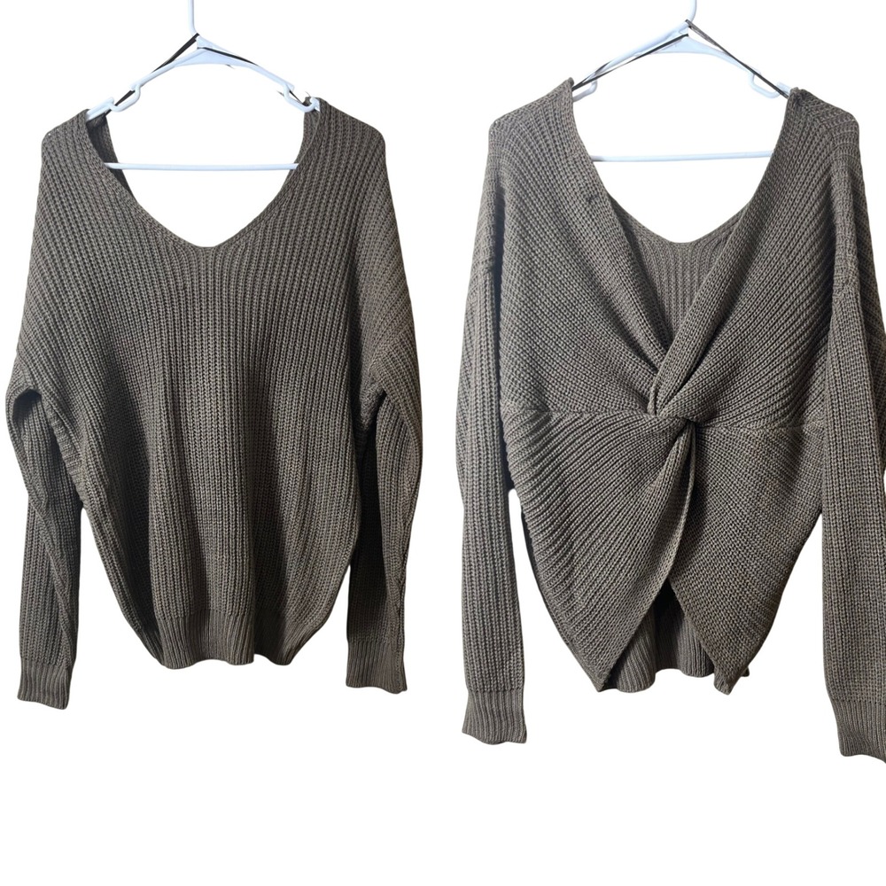 Love Tree Twist Back Sweater Medium Taupe Chunky Knit Boho Open Back V Neck
